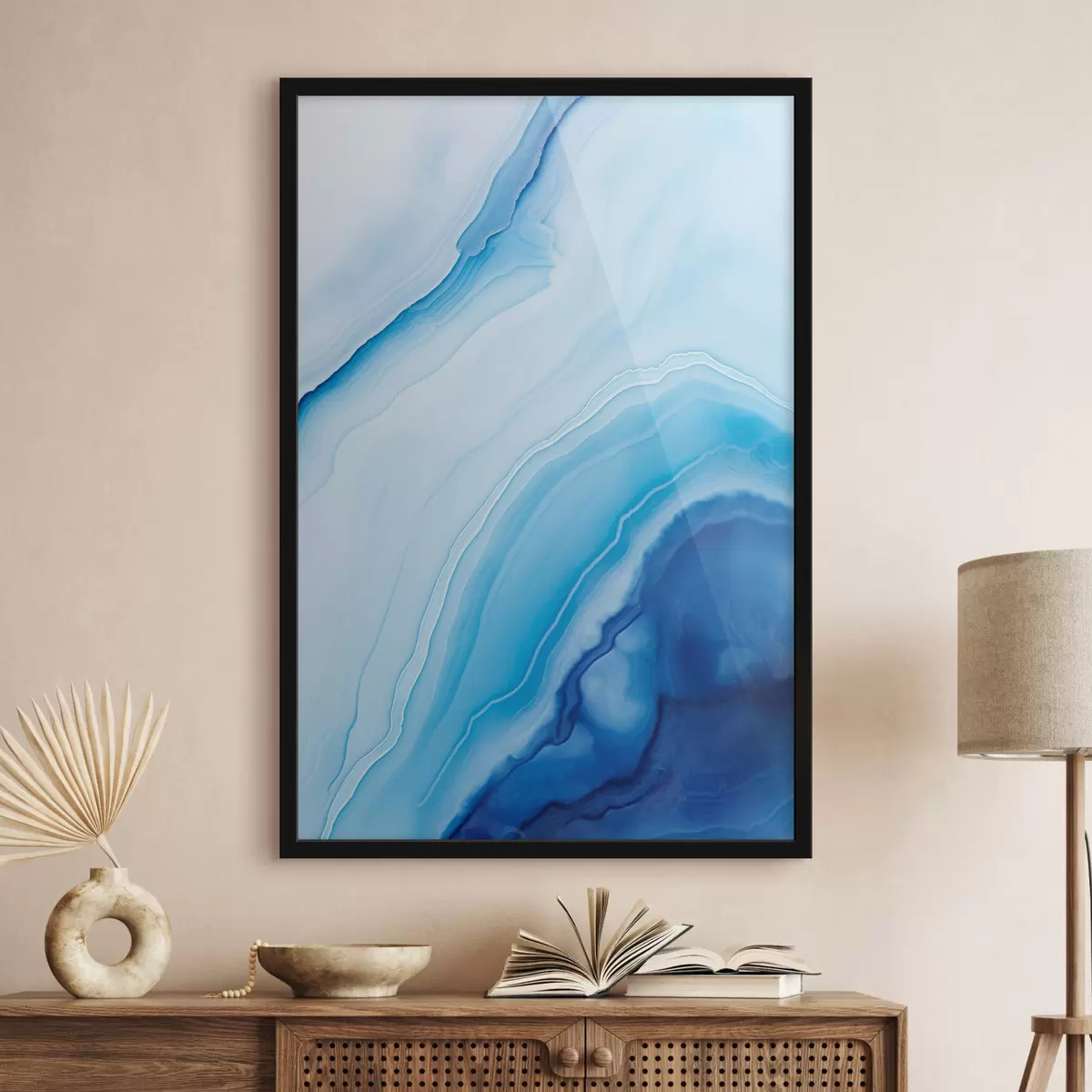 Poster Stampa astratta blu e bianco agata, linee e sfumature vorticose, texture liscia, arte moderna, minimalista f46290