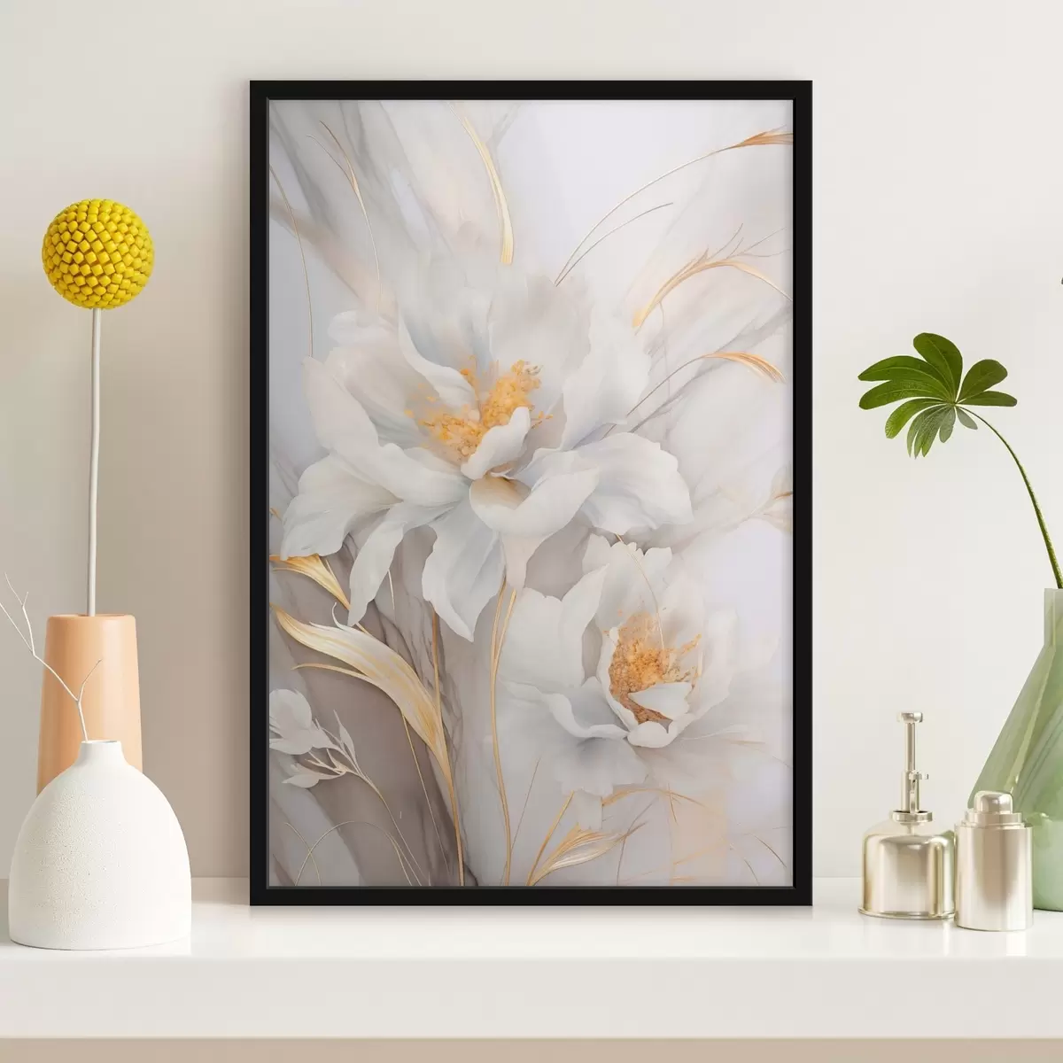 Poster Fiori bianchi con pistilli e steli gialli, petali delicati, composizione elegante, sfondo neutro f46293