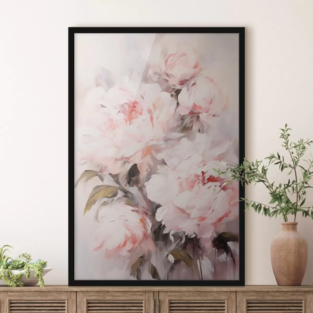 Poster Un bouquet di peonie rosa chiaro con foglie verdi, pennellate morbide, colori pastello, su uno sfondo chiaro f46294