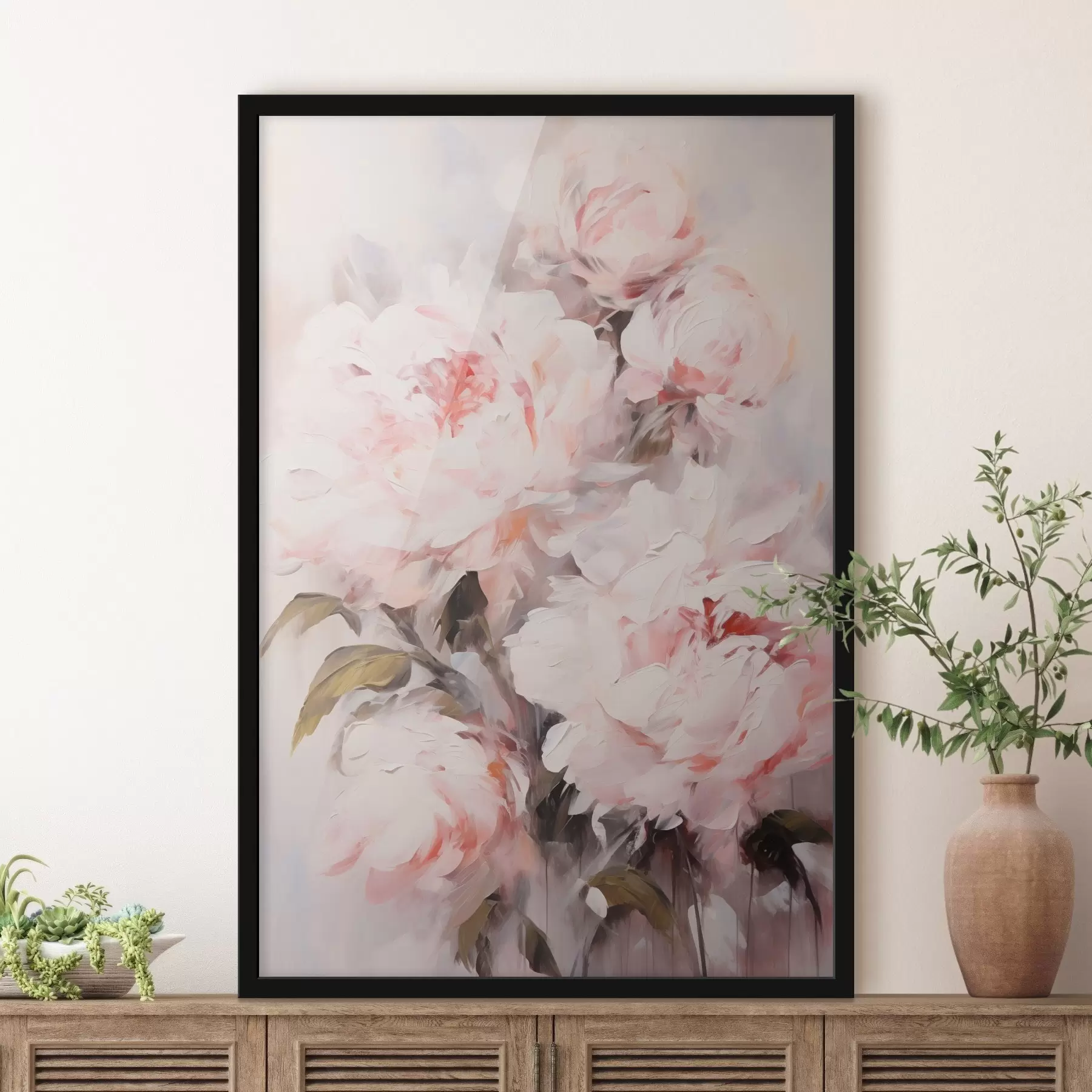 carta da parati Un bouquet di peonie rosa chiaro con foglie verdi, pennellate morbide, colori pastello, su uno sfondo chiaro nr. f46294