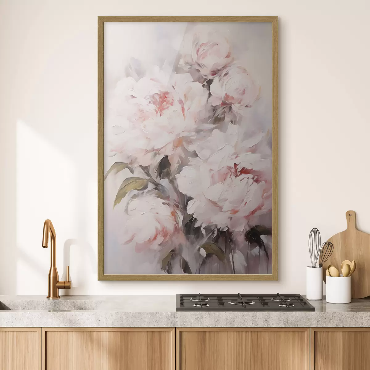 Poster Un bouquet di peonie rosa chiaro con foglie verdi, pennellate morbide, colori pastello, su uno sfondo chiaro f46294