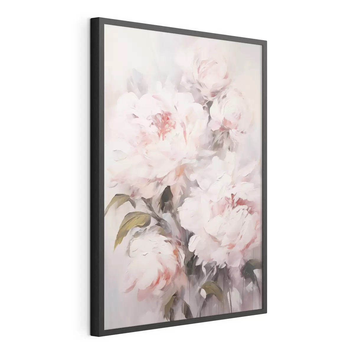 Poster Un bouquet di peonie rosa chiaro con foglie verdi, pennellate morbide, colori pastello, su uno sfondo chiaro f46294