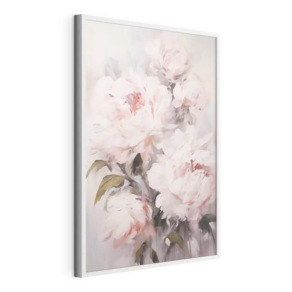 Poster Un bouquet di peonie rosa chiaro con foglie verdi, pennellate morbide, colori pastello, su uno sfondo chiaro f46294