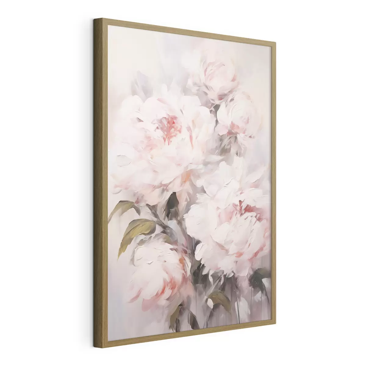 Poster Un bouquet di peonie rosa chiaro con foglie verdi, pennellate morbide, colori pastello, su uno sfondo chiaro f46294