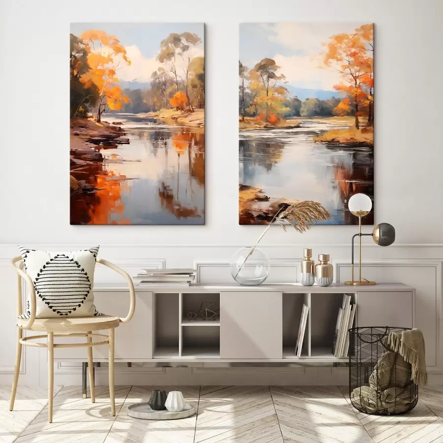 carta da parati Paesaggio autunnale, fiume con alberi sulla riva, foresta sullo sfondo, riflessi sull'acqua nr. m00883