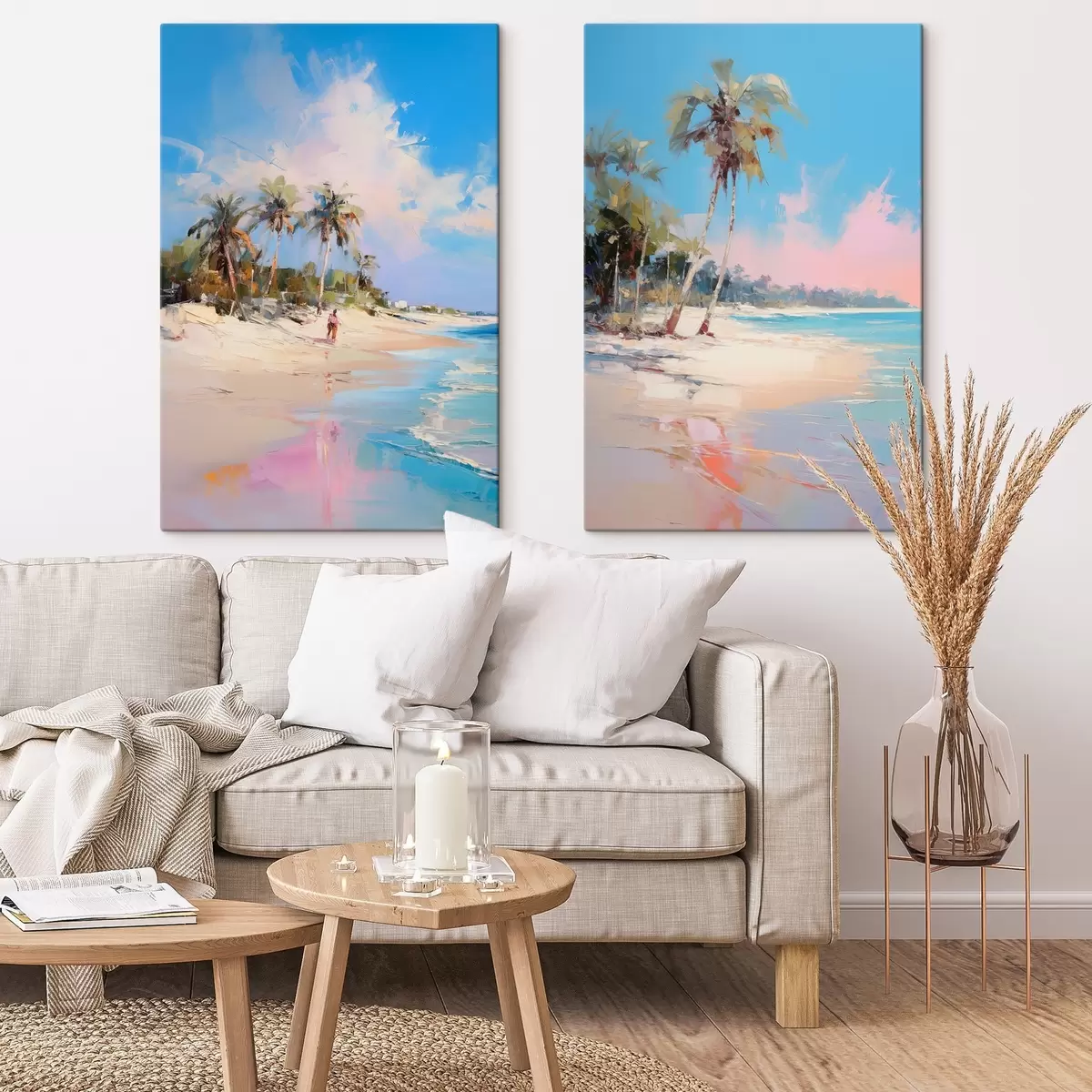 carta da parati Paesaggio astratto, una spiaggia con palme, una giornata di sole splendente con cielo azzurro e qualche nuvola nr. m00885