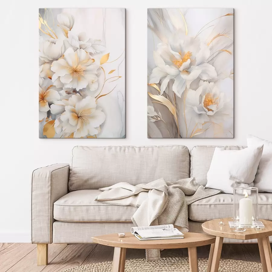 carta da parati Fiori bianchi con dettagli gialli, petali con sfumature delicate, sfondo chiaro con sottile effetto marmorizzato nr. m00889