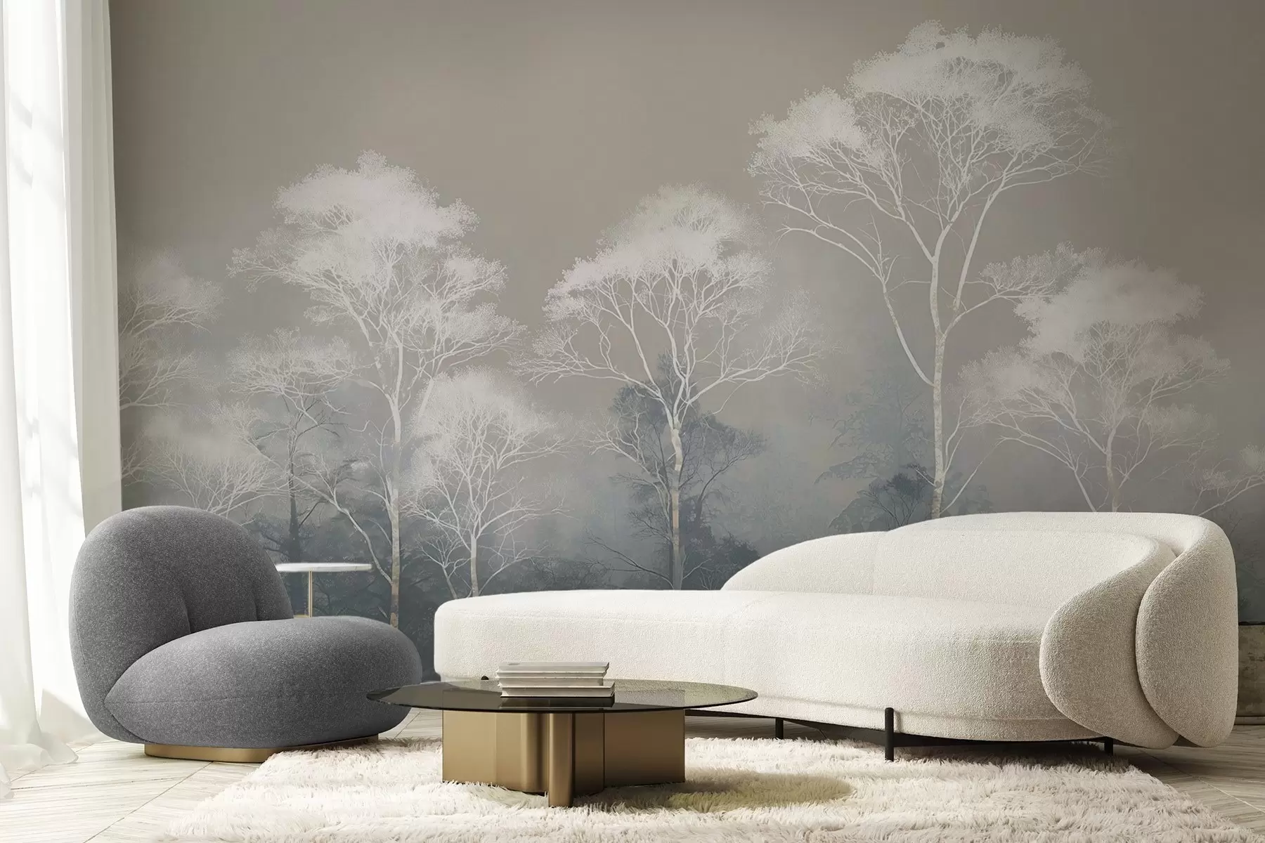 Carta da parati nature Alberi minimalisti in una palette di colori blu-grigio, nella nebbia 