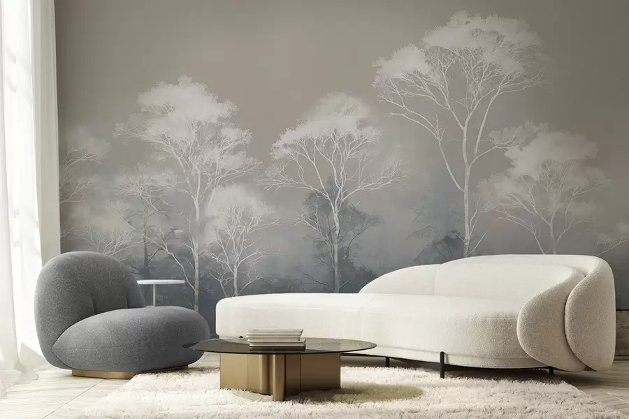 Carta da parati nature Alberi minimalisti in una palette di colori blu-grigio, nella nebbia 