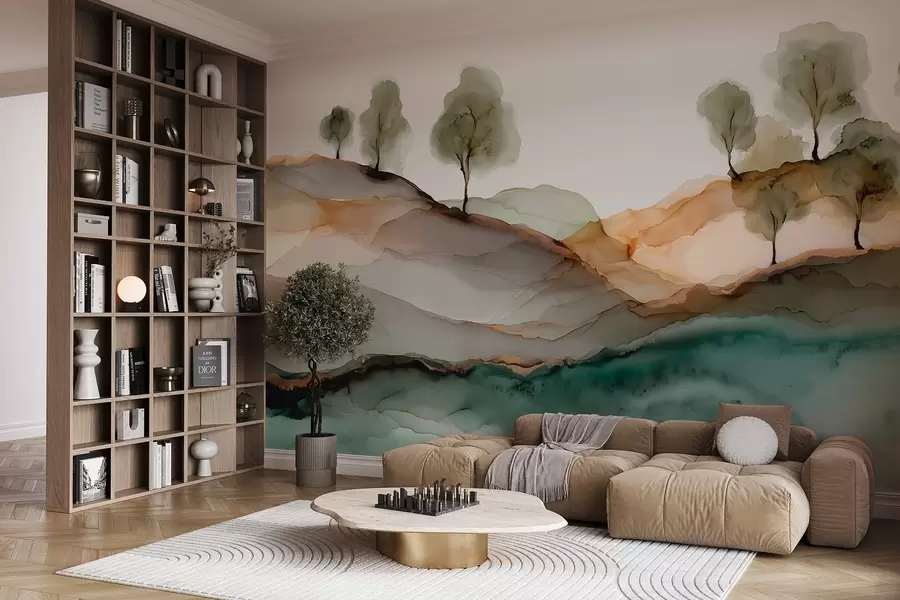 Carta da parati nature Paesaggio astratto in stile inchiostro alcolico — colline e alberi in tonalità pastello 