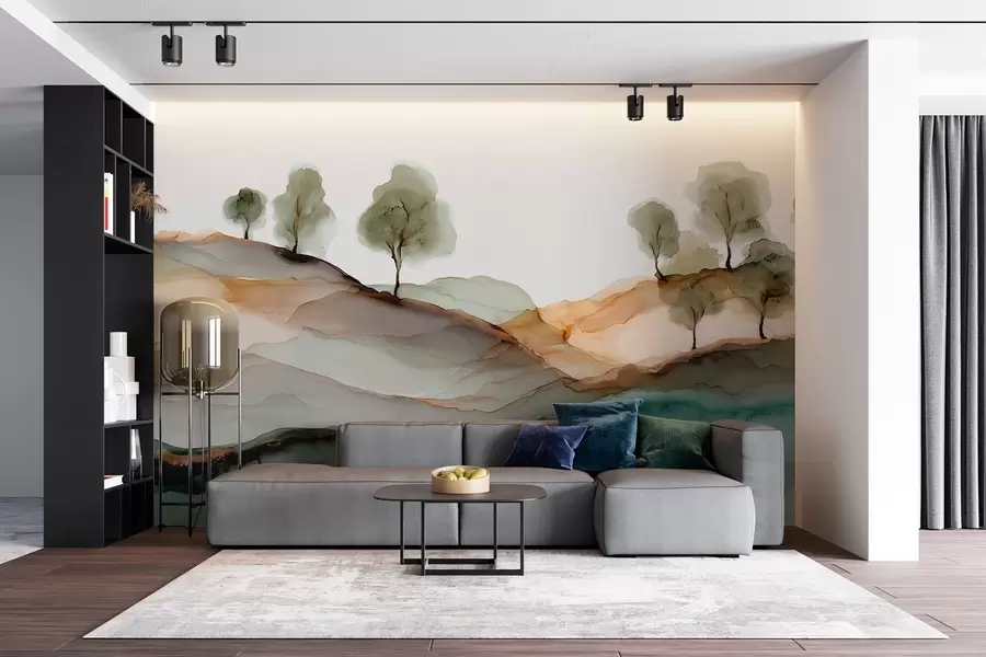 Carta da parati nature Paesaggio astratto in stile inchiostro alcolico — colline e alberi in tonalità pastello 