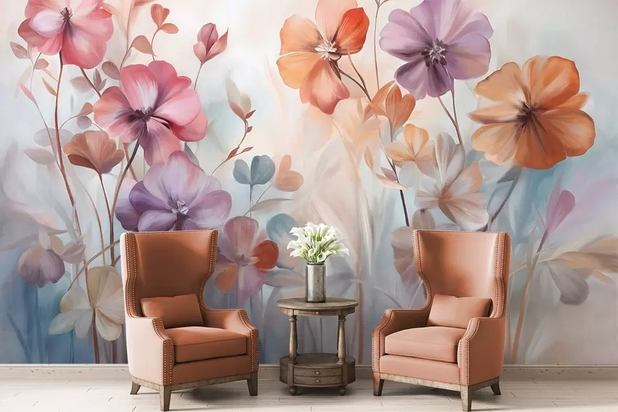 Carta da parati Floreale Composizione floreale materica con fiori rosa, viola e arancioni con steli e foglie verdi, colori pastello tenui n. w09486