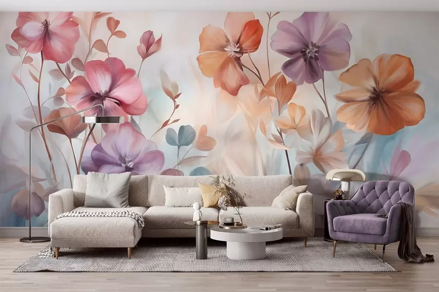 Carta da parati Floreale Composizione floreale materica con fiori rosa, viola e arancioni con steli e foglie verdi, colori pastello tenui n. w09486