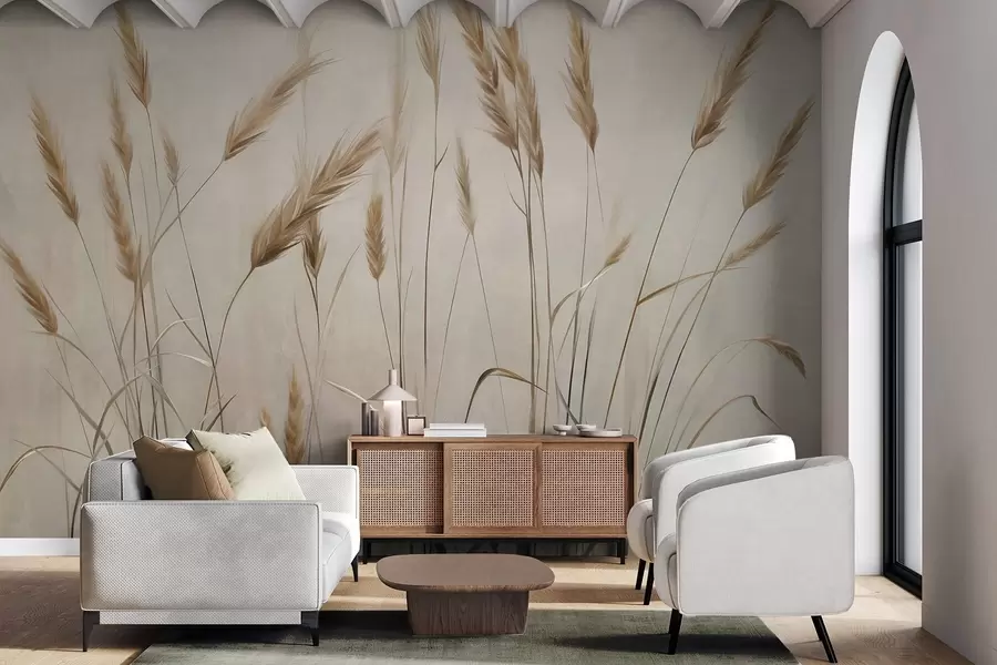 Carta da parati nature Campo di grano con spighe gialle, sfondo beige, illuminazione naturale, toni caldi, pennellate dettagliate 