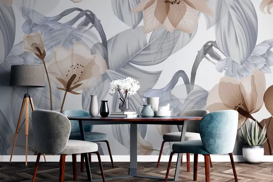 Carta da parati Floreale Fiori marroni e foglie grigie, sfondo botanico floreale, design elegante, colori tenui, dettagli delicati e leggeri n. w09497v1