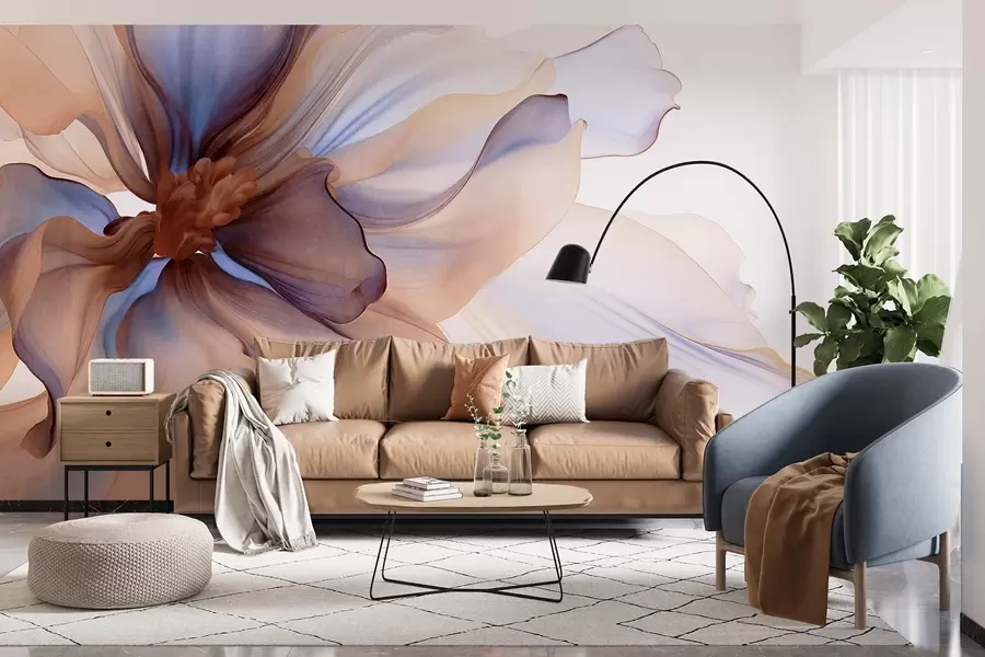 Carta da parati Floreale Fiore dettagliato dalla texture ampia con petali bianchi, blu e marroni su sfondo bianco n. w09498