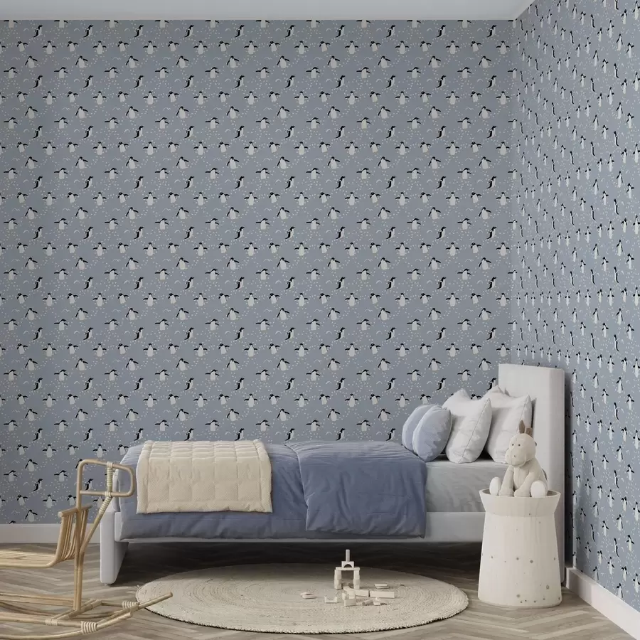carta da parati Pinguini su sfondo grigio-blu con impronte nr. a00655