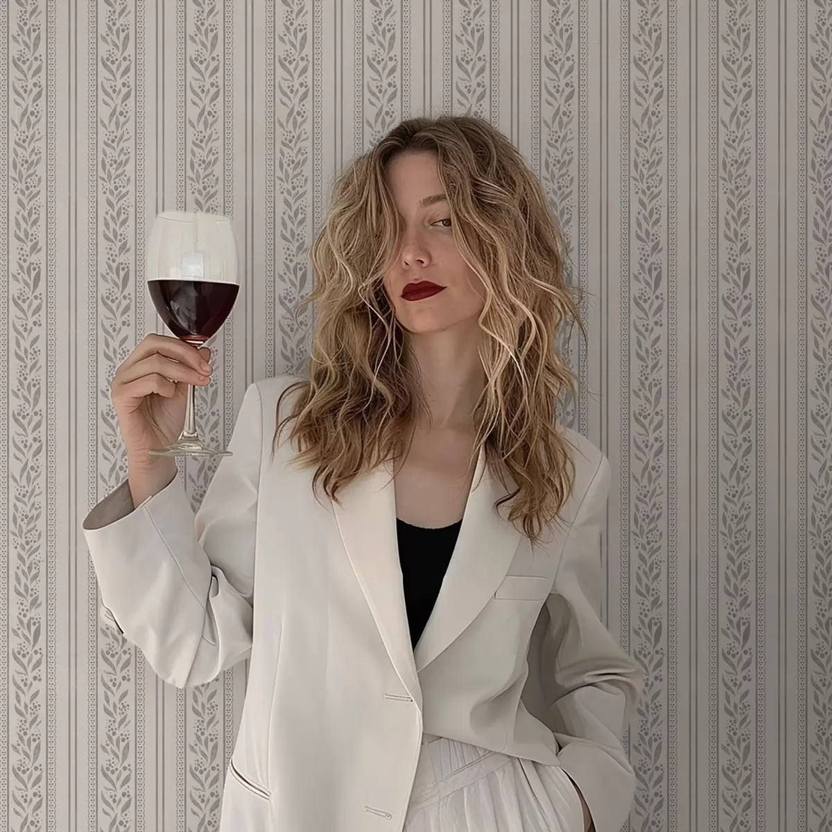 Carta da parati Righe con pizzo e rametti grigio-beige a00814