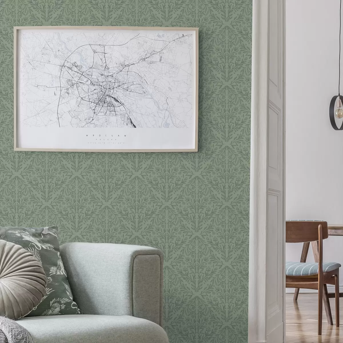 Carta da parati Raffinato damasco botanico in verde tenue a00815v1