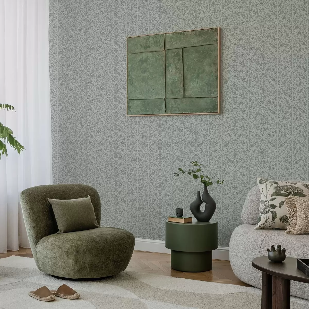 Carta da parati Damasco botanico in grigio chiaro con contorni sfumati a00815v2