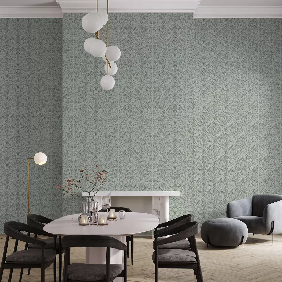 Carta da parati Lacy scatta su sfondo verde pastello, delicata profondità a00815v3