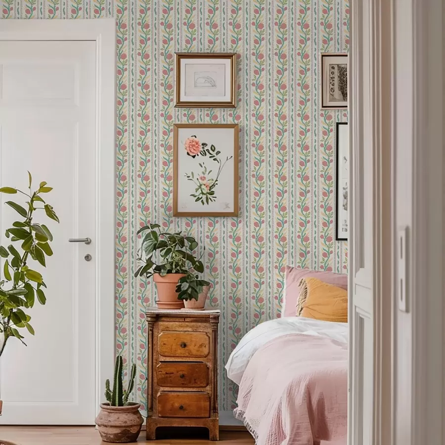 carta da parati Righe con boccioli di corallo su sfondo color crema chiaro nr. a00816v1