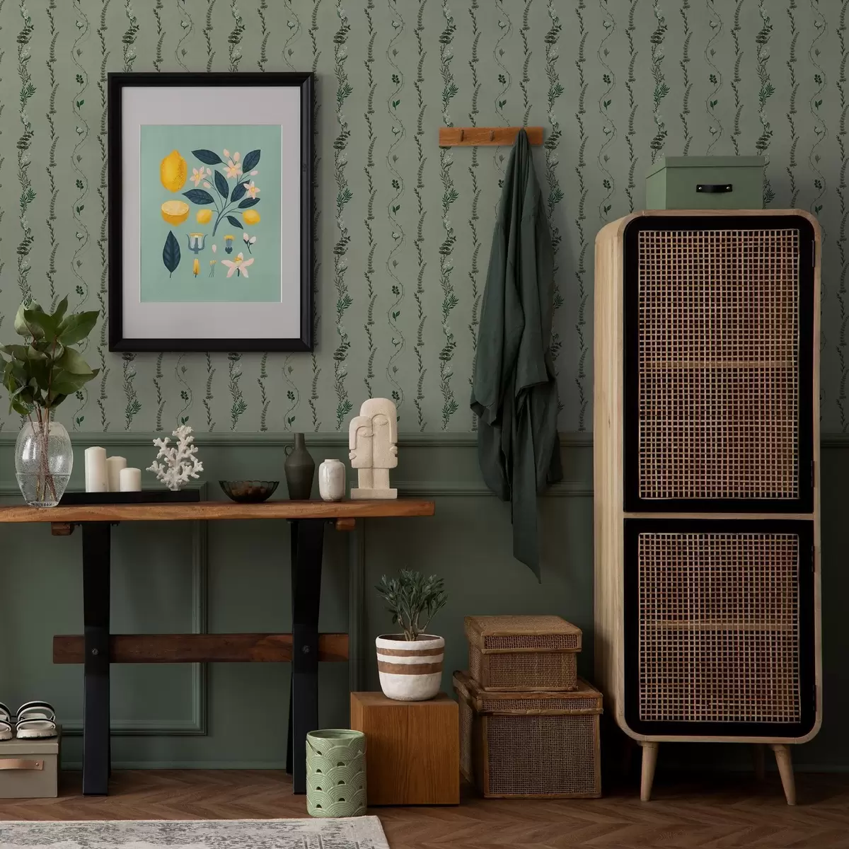 Carta da parati Viti verticali e rametti su sfondo verde tenue a00817v1