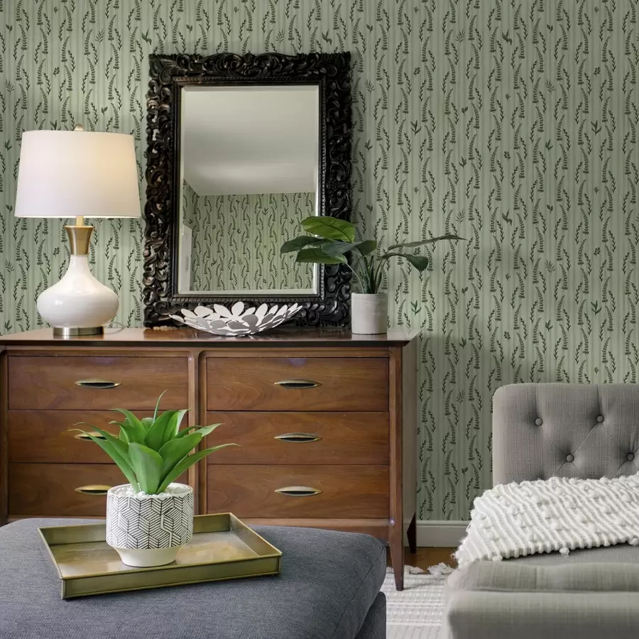 carta da parati Erba verde fitta e germogli su menta con strisce nr. a00819