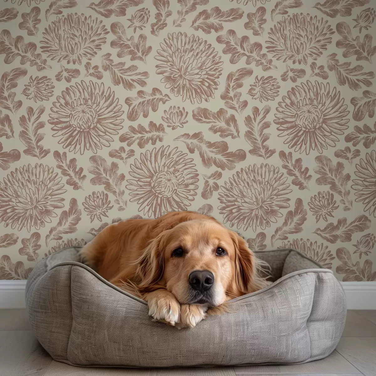 Carta da parati Crisantemi e foglie di quercia in morbido beige-marrone a00840