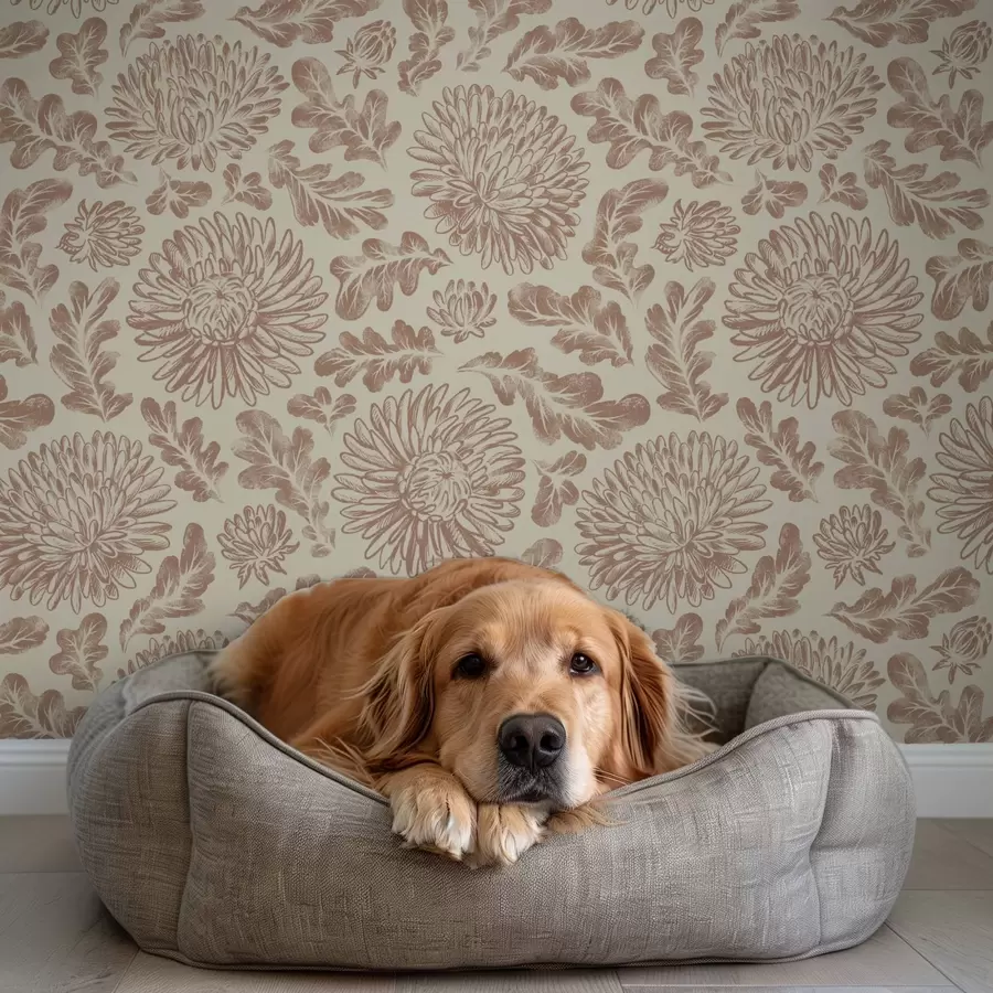 carta da parati Crisantemi e foglie di quercia in morbido beige-marrone nr. a00840