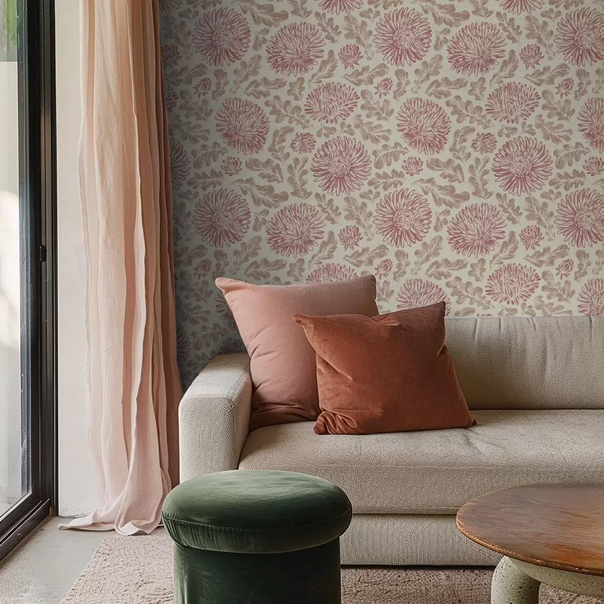 Carta da parati Crisantemi con accenti di vino su crema a00840v1