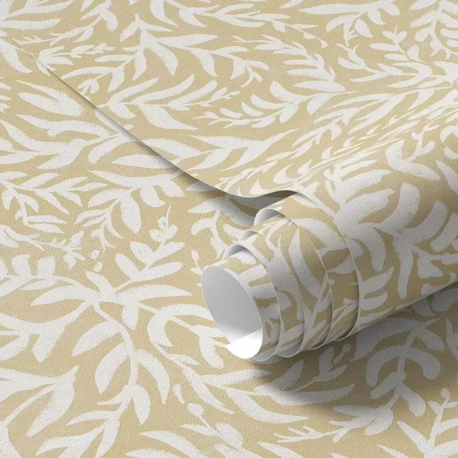 carta da parati Motivo a foglie bianche su ocra caldo, ritmo vorticoso nr. a00845