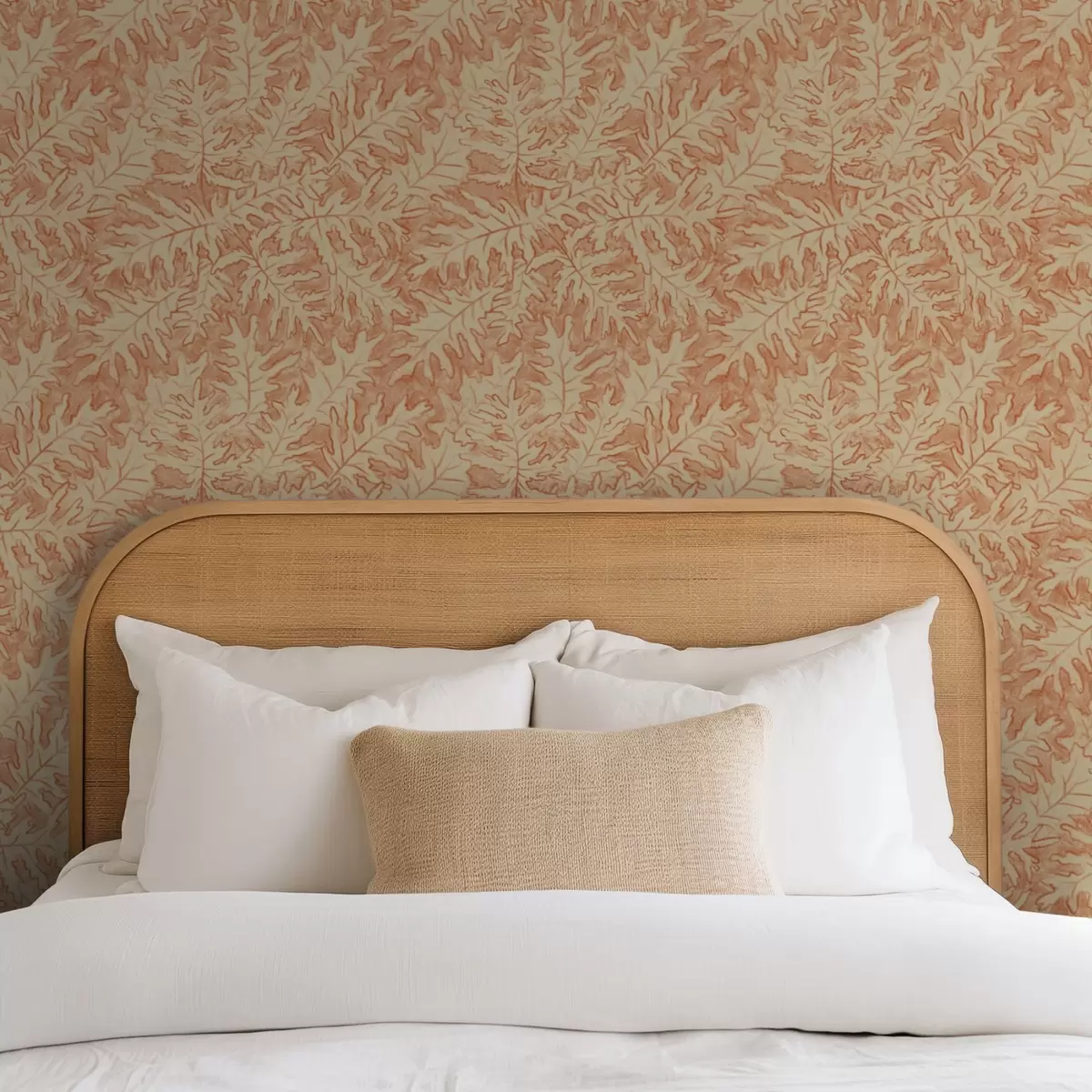 Carta da parati Grandi foglie di quercia in terracotta color crema a00846