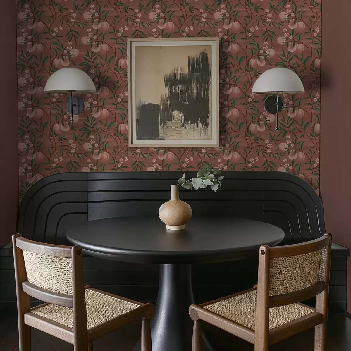 Carta da parati Pesche sui rami con fiori rosa, terreno color terracotta a00856