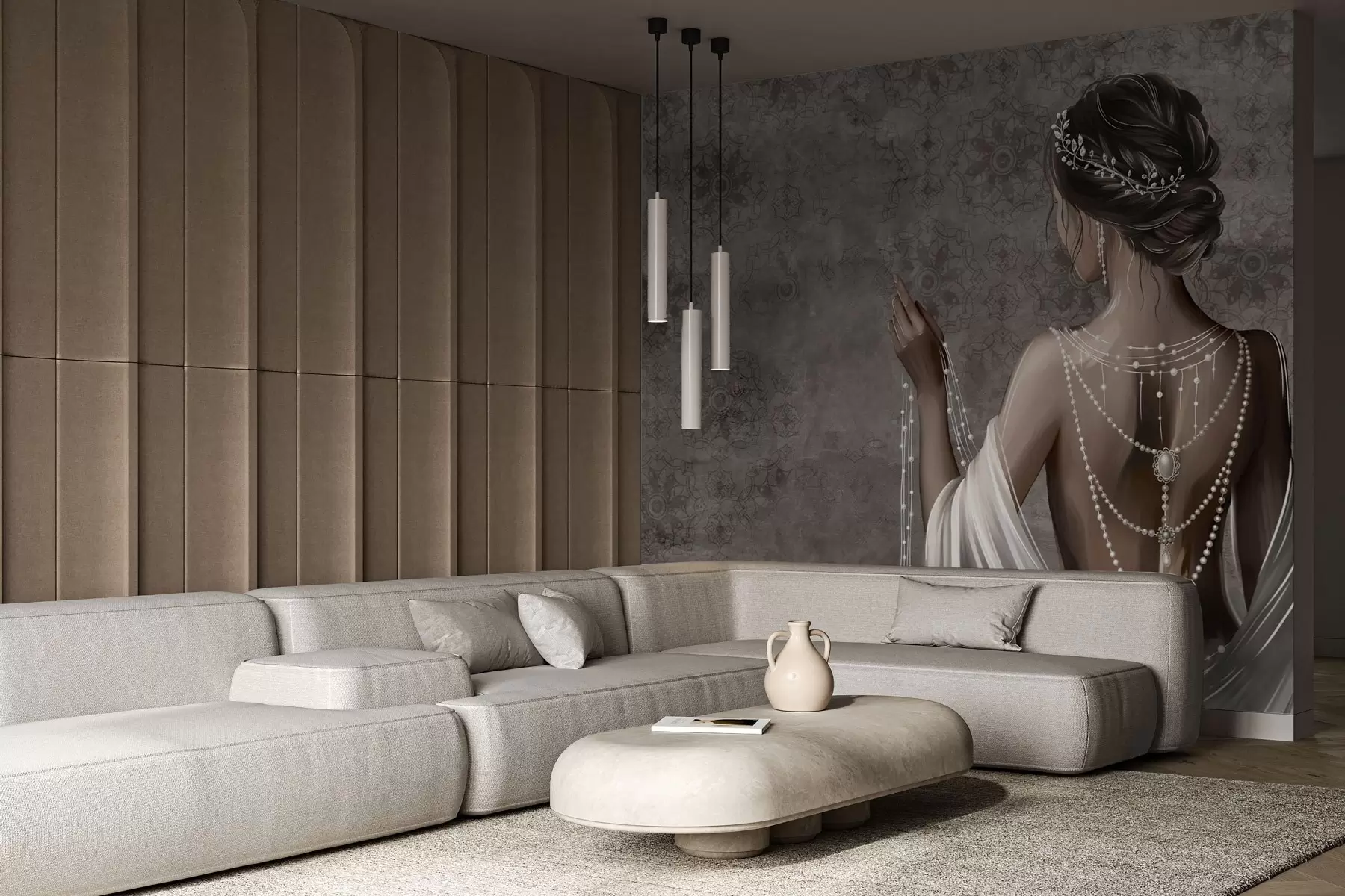 carta da parati Donna vista da dietro con perle, sfondo con motivo a pietre grigie nr. w04854