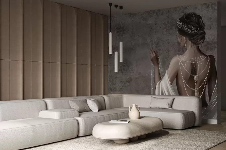 carta da parati Donna vista da dietro con perle, sfondo con motivo a pietre grigie nr. w04854