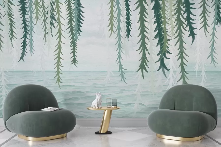 Carta da parati nature Delicati rampicanti che pendono sull'acqua in stile acquerello 