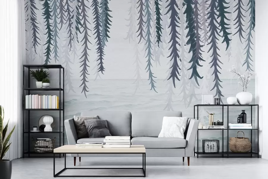 Carta da parati nature Delicati rampicanti che pendono sull'acqua in stile acquerello 