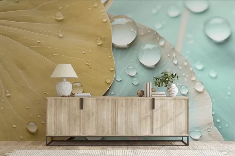 Carta da parati nature Gocce d'acqua sulle foglie macro acquerello 