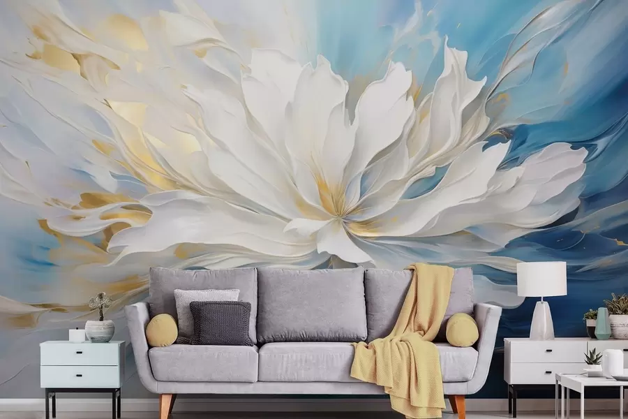 carta da parati Grande peonia bianca in stile pittura a olio su sfondo blu-giallo nr. w09511