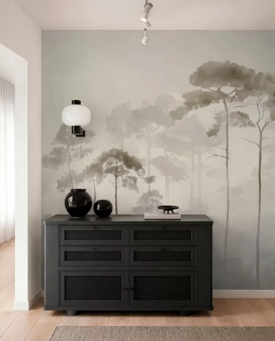 Carta da parati nature silhouette leggere di pini in stile acquerello 