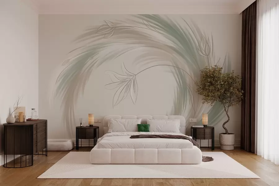 carta da parati piume e fiori verdi e beige, dipinti a mano nr. w04816