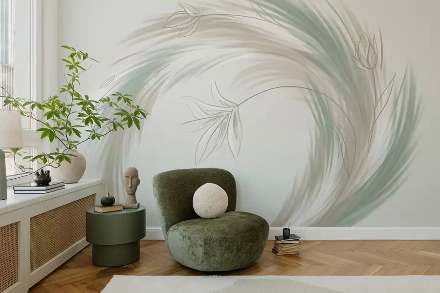 carta da parati piume e fiori verdi e beige, dipinti a mano nr. w04816