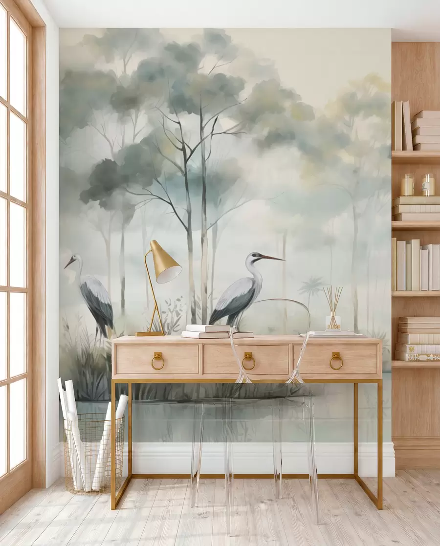 Carta da parati nature Foresta nebbiosa in riva al lago con aironi, palette dai colori tenui e freddi 