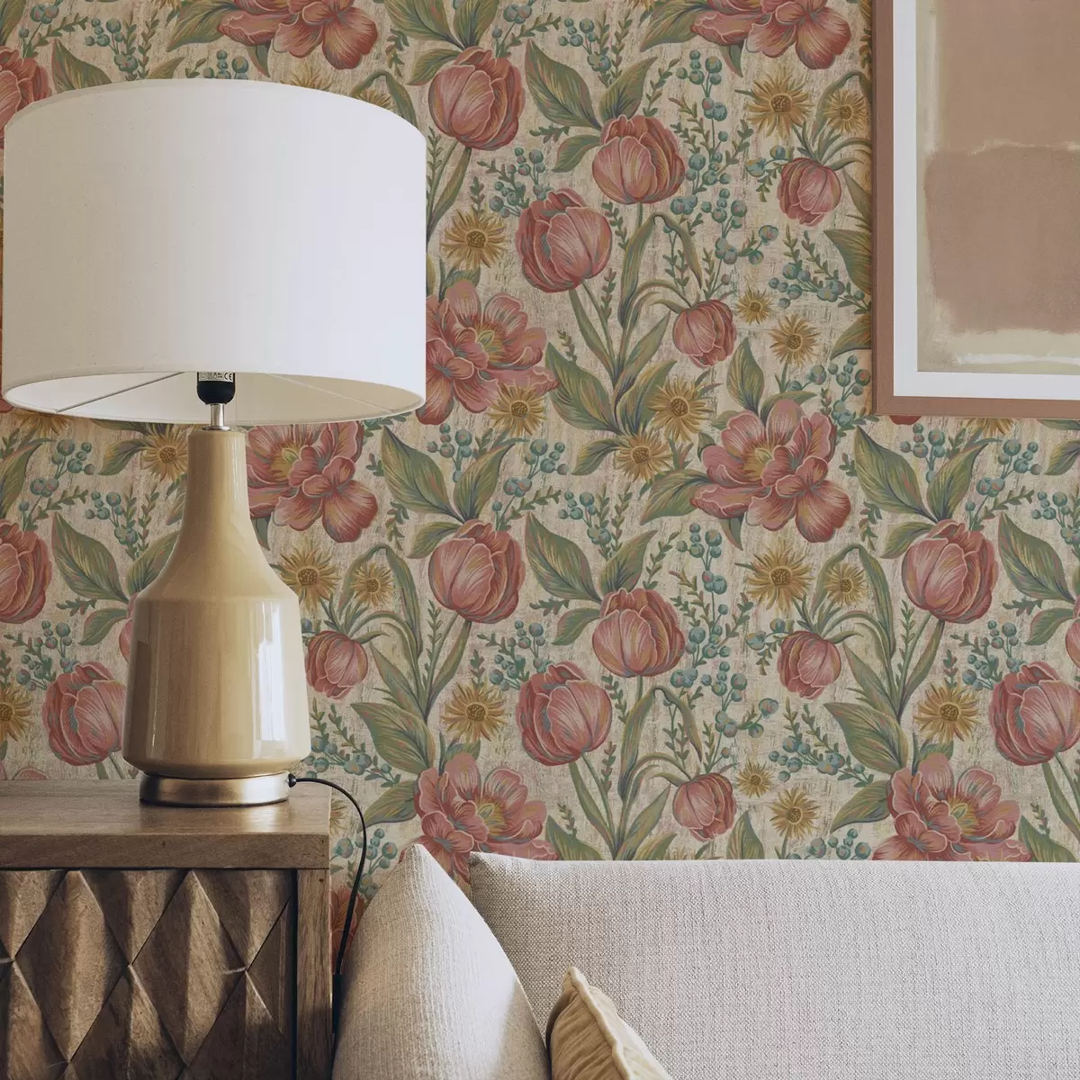 Carta da parati Tulipani e astri vintage, fondo color crema testurizzato a00773