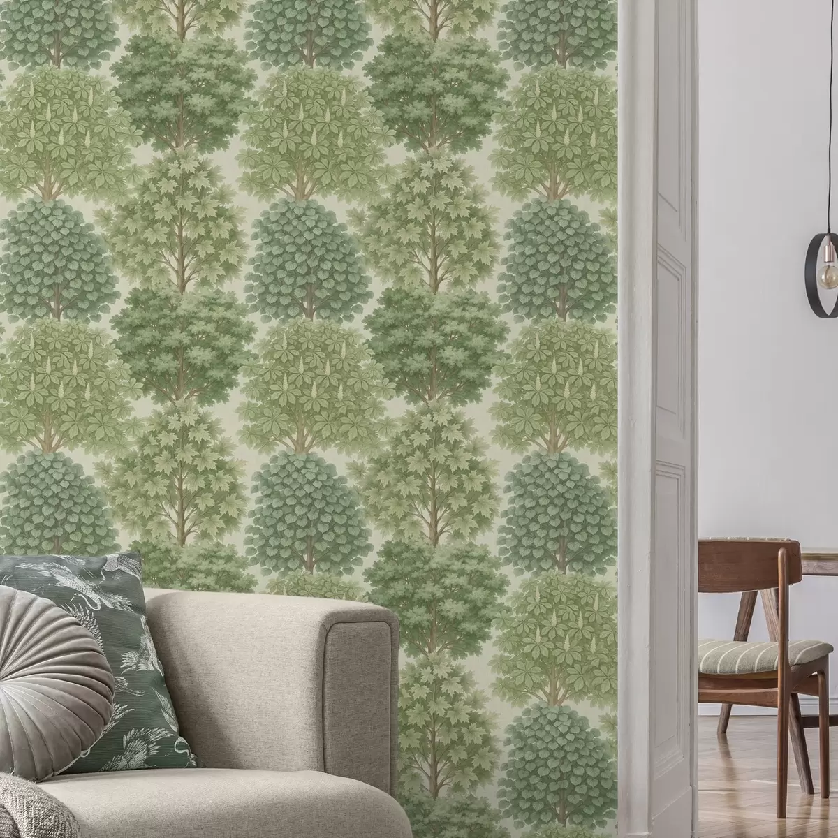 Carta da parati Giardino alberato nei toni tenui del verde su sfondo chiaro a00775