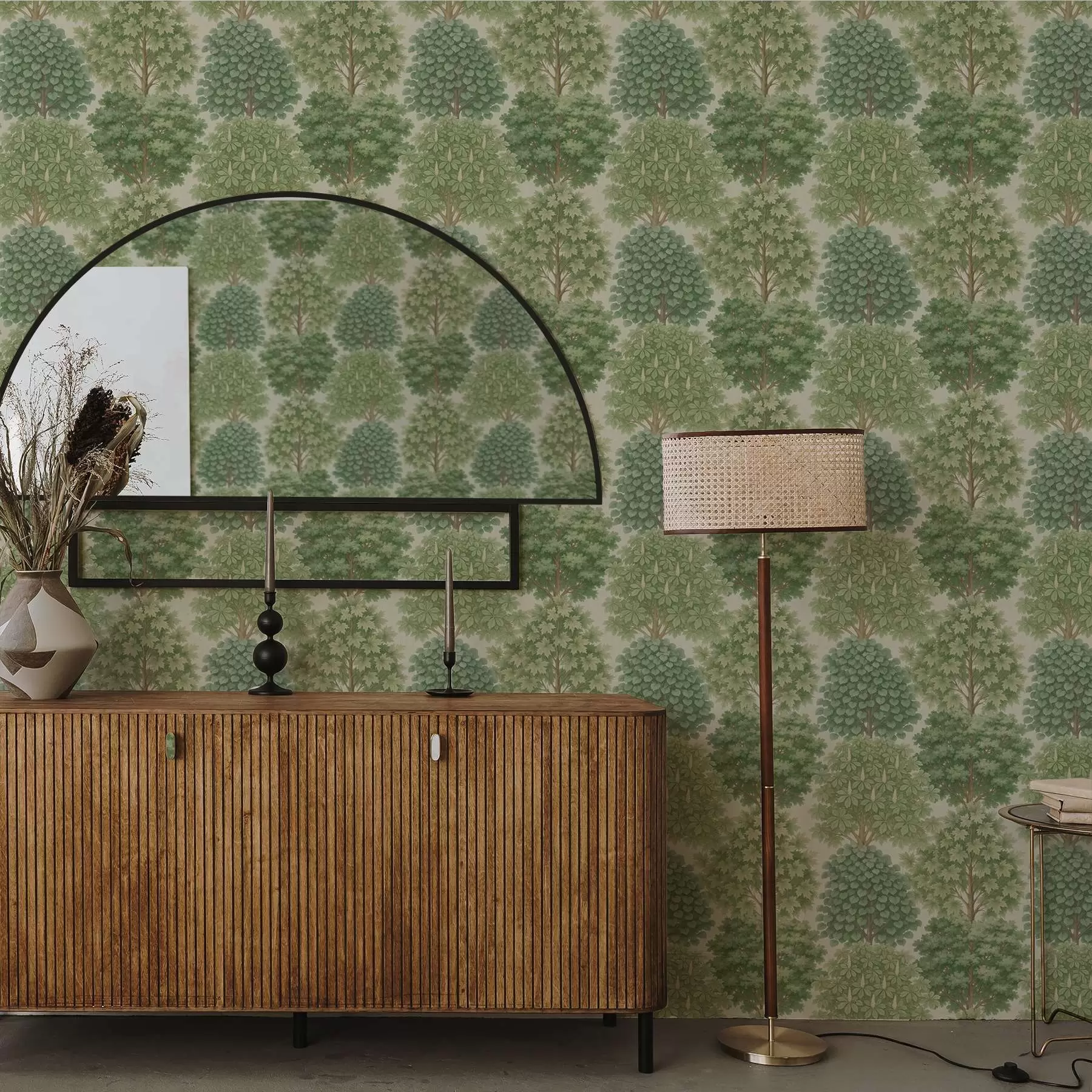 carta da parati Giardino alberato nei toni tenui del verde su sfondo chiaro nr. a00775