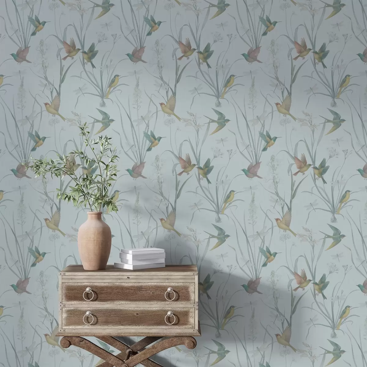 Carta da parati Uccelli tra l'erba dei prati su un terreno grigio-blu a00776