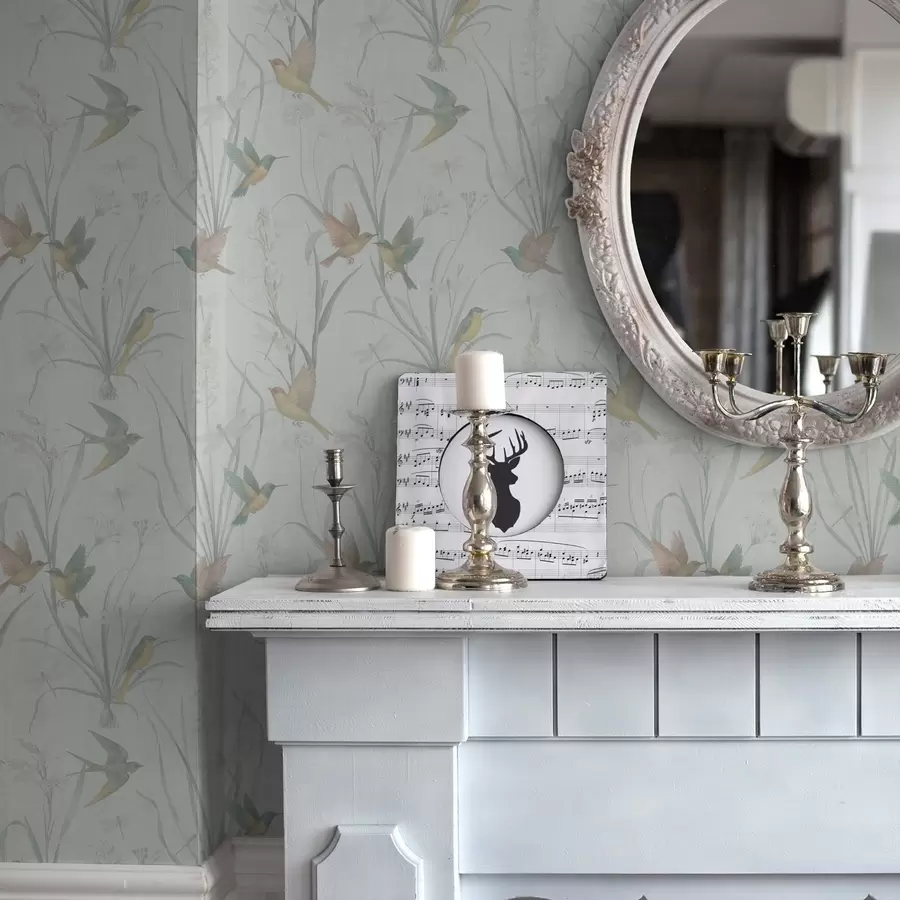 carta da parati Uccelli tra l'erba dei prati su sfondo grigio chiaro nr. a00776v1