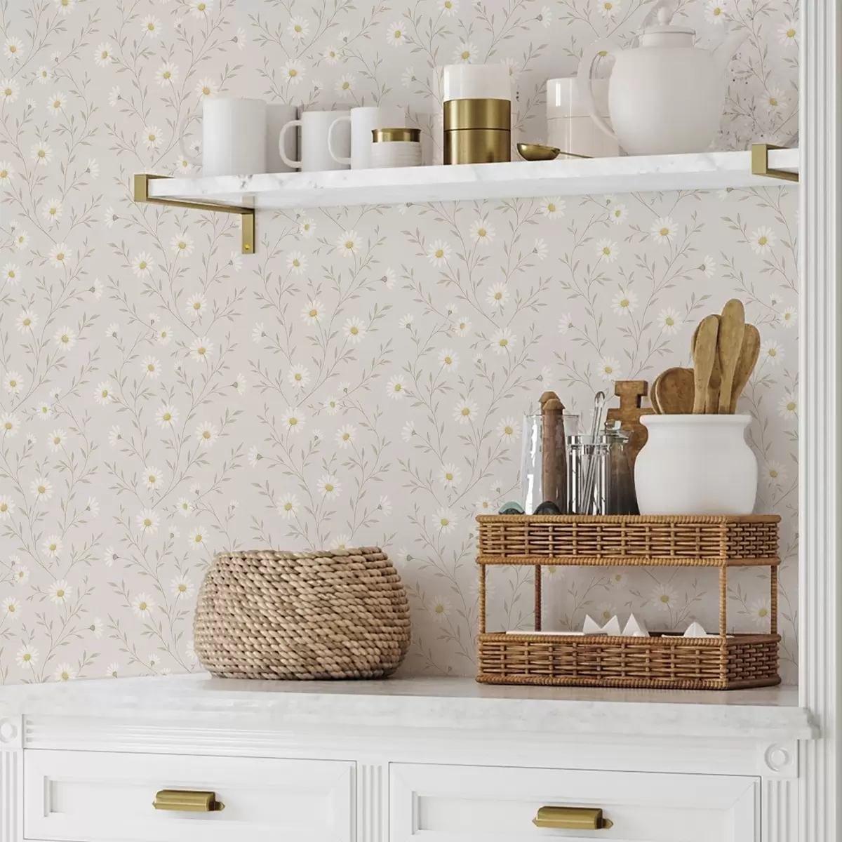 Carta da parati Piccole margherite su ramoscelli, beige caldo a00777